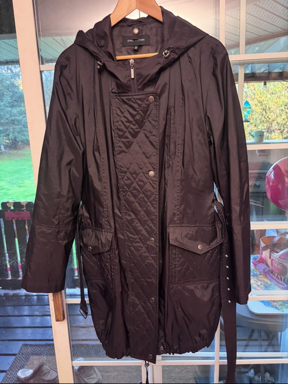 Jones New York Black Quilted Hooded Trench Coat